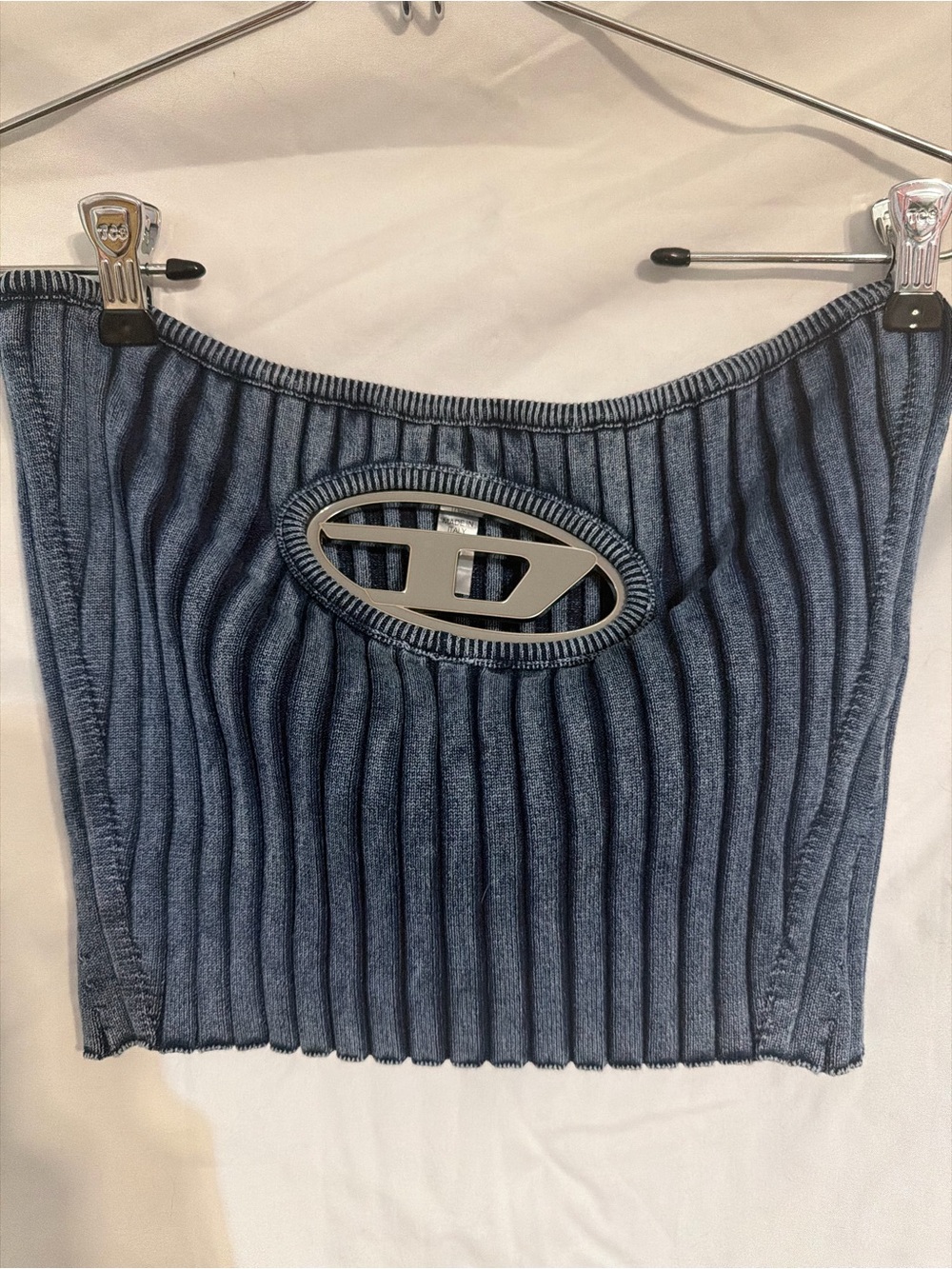 Diesel Navy Ribbed Tube Top with Silver Logo Cutout